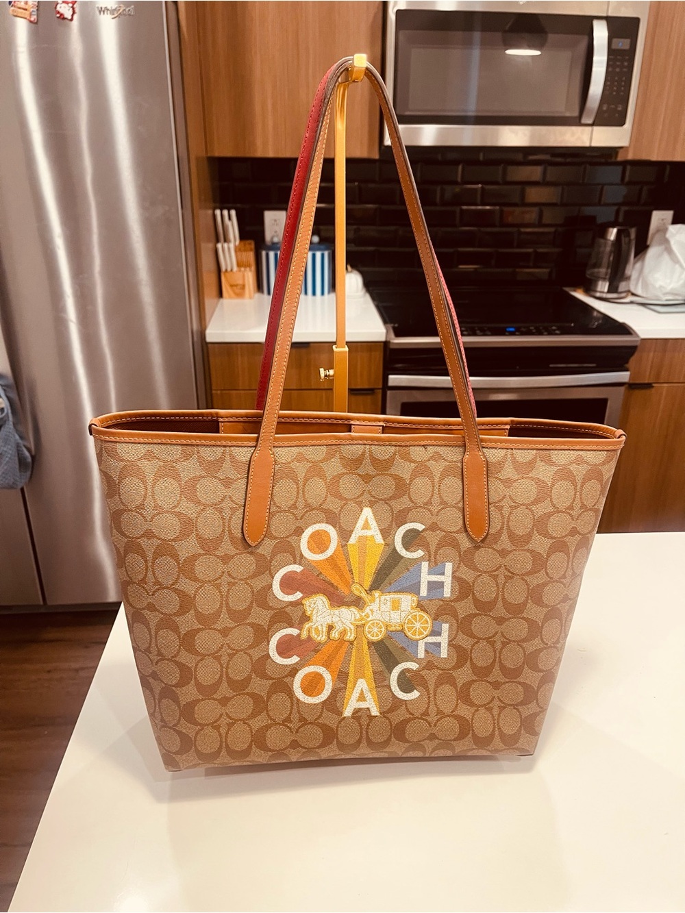 Coach Tan Signature Canvas Tote with Multicolor Logo